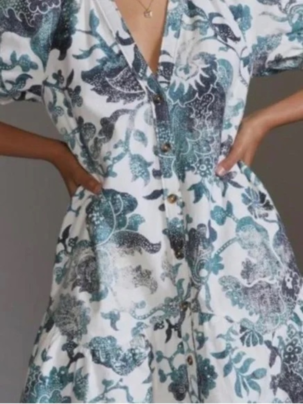 PILCRO ANTHROPOLOGY White & Teal Floral Button-Front Women's Dress